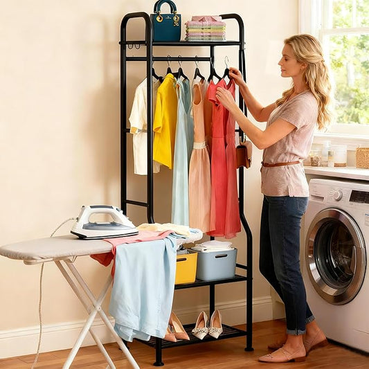 Narrow Clothing Rack with 3 Tier Metal Shelves, 71.9 Inch Tall Garment Rack with 8 Hooks, Freestanding Closet Organizer with Adjustable Leveling Feet for Small Space, Bedroom (Black)