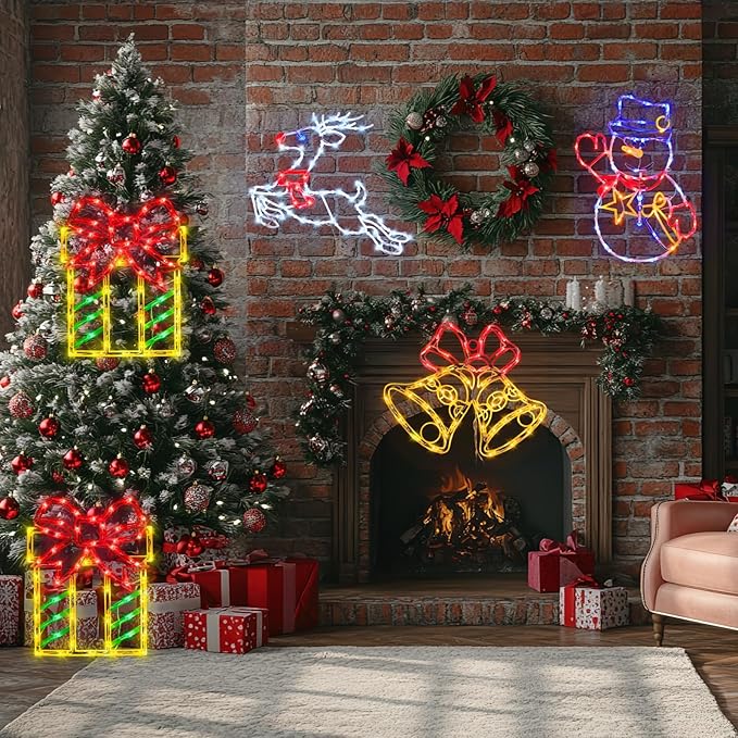 Christmas Decorations - 16" Christmas Window Silhouette Lights - 4 Pack Colour Lighted Snowman ＆ Reindeer ＆ Bell ＆ Gift Box for Holiday Indoor and Outdoor Wall Door Window Decorate