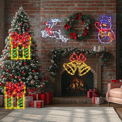 Christmas Decorations - 16" Christmas Window Silhouette Lights - 4 Pack Colour Lighted Snowman ＆ Reindeer ＆ Bell ＆ Gift Box for Holiday Indoor and Outdoor Wall Door Window Decorate