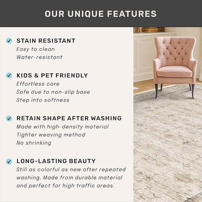 Beige Floral 3X12 Washable Long Hallway Runner Rug, Non-Slip Low-Pile Farmhouse Kitchen Rug, Neutral Vintage Distressed Oriental Carpet, Non-Shedding, Stain & Fade Resistant Home Décor