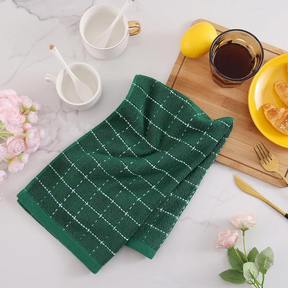 Mordimy 100% Cotton Terry Cloth Kitchen Towels, Super Soft and Absorbent Dish Towels for Drying, Checkered Designed Hand Towels for Kitchen, 16 x 26 Inches, 4 Pack, Dark Green