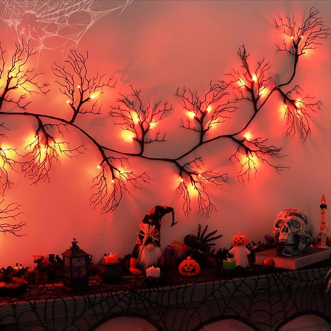 6 FT Halloween Black Garland Willow Vine Twig Decor with Orange Light, 8 Modes & Timer Battery Operated Waterproof Halloween Decorations Indoor for Mantle Fireplace Home Party Decor