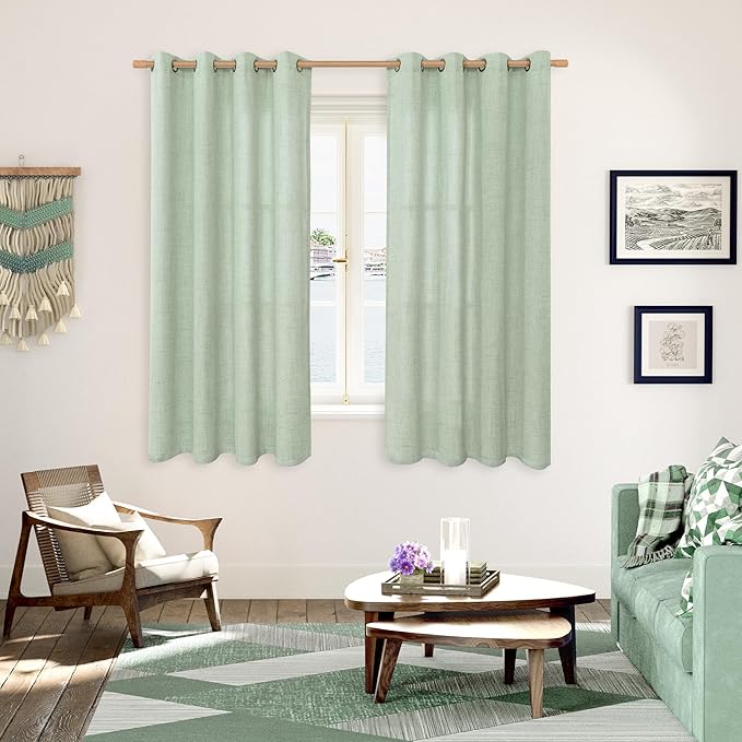 YoungsTex Sage Green Linen Curtains 68 Inch Length for Living Room, Light Filtering Semi Sheer Window Drapes with Bronze Grommet Privacy for Bedroom Farmhouse Decorative, 52 x 68 Inch, 2 Panels