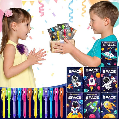 24 Pcs SInvisible Ink Pens with UV Light, Astronaut themed gift card & Goodie Bags,Valentine's Day Gifts, Detective Party Favors, Classroom Prizes, Escape Room Activities.