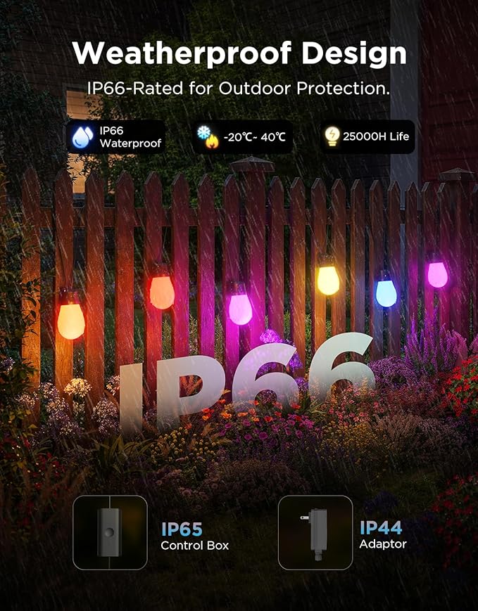 Govee S14 Bulb Outdoor String Lights 2, 144ft Smart RGBIC Warm White Patio Lights with 45 LED Bulbs, 111 Scene Modes for Outdoor Decor, Works with Alexa, Google, Matter, APP Control, IP66 Waterproof