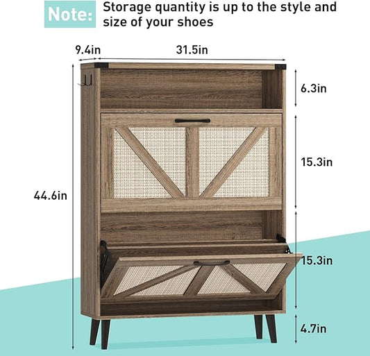 Vabches Shoe Storage Cabinet with 2 Flip Drawers,Freestanding Narrow Shoe Organizer with Open Storage,Hidden Slim Shoe Rack Cabinet for Entryway,Hallway,Rustic Oak Rattan