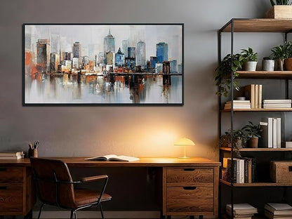 Arjun NYC Skyline Wall Art Framed Canvas Modern New York Abstract Cityscape Painting, Brooklyn Bridge Textured Picture for Living Room Bedroom Home Office Wall Decor, Large Black Wood 40"x20"