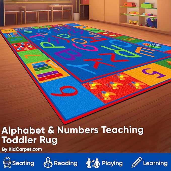 Alphabet and Numbers Teaching Toddler Rug, 7'6" x 12' Rectangle, Educational Classroom Rug, Kids Learning Play Mat | Area Rug for Bedroom or Playroom