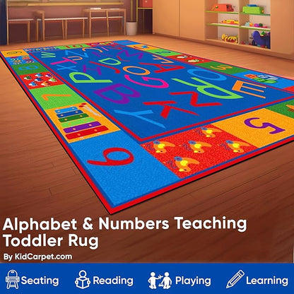 Alphabet and Numbers Teaching Toddler Rug, 7'6" x 12' Rectangle, Educational Classroom Rug, Kids Learning Play Mat | Area Rug for Bedroom or Playroom
