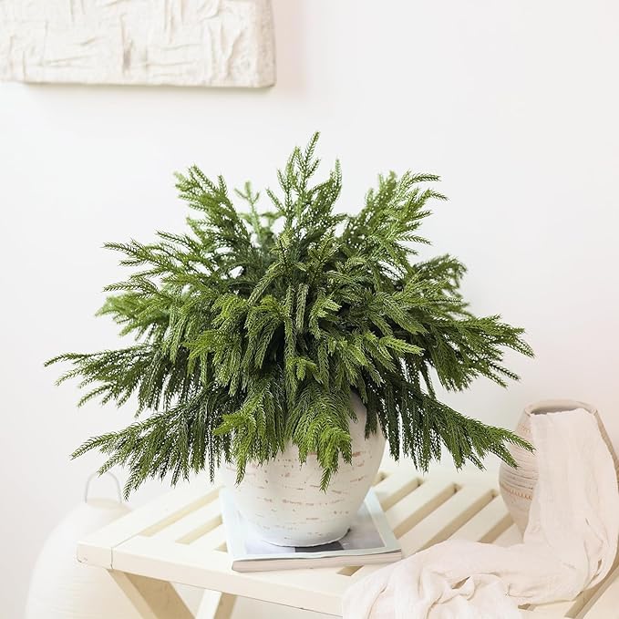 20 Pcs Real Touch Norfolk Pine Branches, Artificial Christmas Green Plants Branch Faux Greenery Stem Fake Pine Picks for Vase DIY Crafts Garland Wreath Xmas Indoor Outdoor Decor(18 Inches)