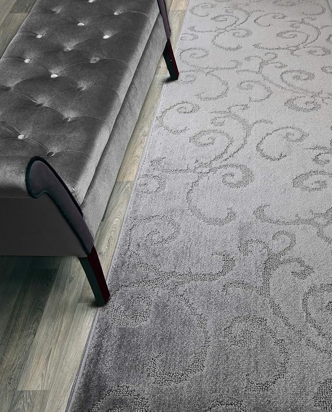 Custom Cut Hallway Runner Rug, Slip Resistant, 31 Inch Wide X Your Choice of Length, Scroll Grey, 31 Inch X 7 feet