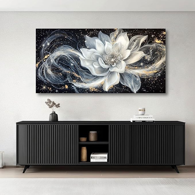 QZQCBLC Large Wall Art, Black and White Lotus Wall Art Modern Abstract Flower Pictures Gold Silver Canvas Painting Artwork for Living room Bedroom kitchen Home Office Decor 29x58 IN