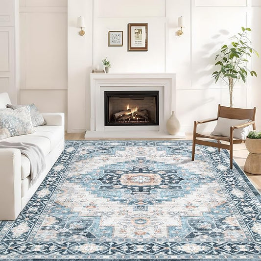 Washable 5×7 Area Rug for Living Room, Vintage Floral Rug Soft Non Slip Stain Resistant Boho Carpet for Indoor Bedroom Dinning Room Home Office Blue/Ivory