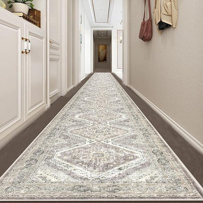 KUTA Extra Long Runner Rug for Hallway 2.6x18ft, Oriental Washable Kitchen Rugs, Ivory Grey Yellow Brown Non-Slip Stair Runners Indoor Soft Printed Vintage Carpet for Bedroom Living Room Nursery