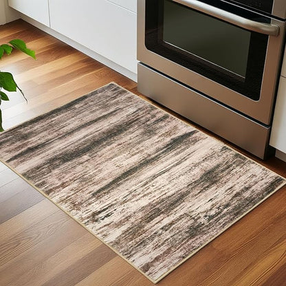 KOZYFLY Modern Abstract Small Area Rugs, 2x3 Washable Kitchen Rug Non-Slip Soft Small Bathroom Rug, Blush Brown Striped Entryway Rugs Abstract Print Faux Wool Doormat for Bedside Entrance Bedroom Sink