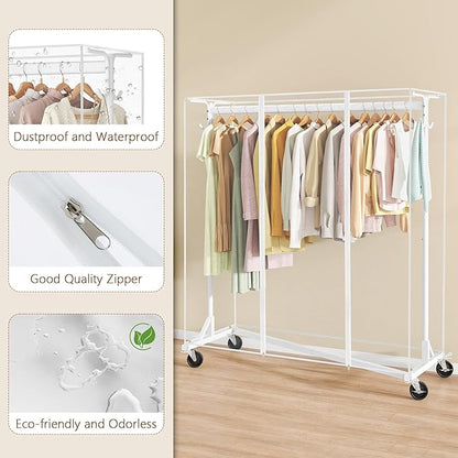 Hoctieon Z Clothes Rack with Cover, Metal Heavy Duty Clothing Rack, Rolling Garment Rack with Wheels, with Dustproof Cover Waterproof Protector, with 2 Durable Zippers, for Hanging Clothes, White
