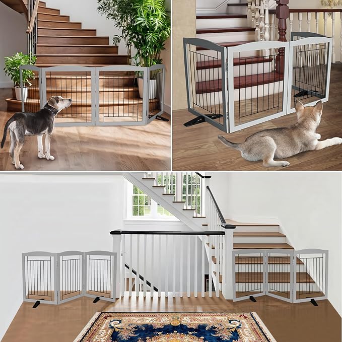 ZJSF Freestanding Dog Fence Indoor, Foldable Dog Gate for Doorways, Stairs or Hallways, Sturdy Wood Extra Wide Pet Gate with Support Feet for The House, Grey, 32 "Height-2 Panels
