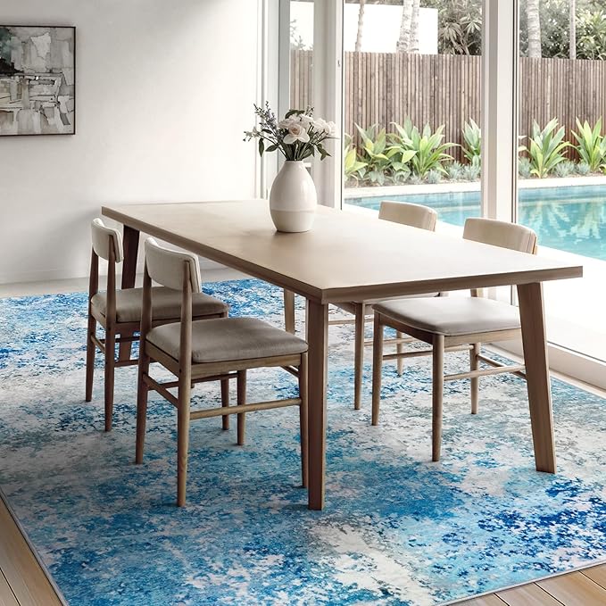 10x14 Area Rugs Living Room Rug - Washable Neutral Modern Abstract Large No Slip Soft Thin Rug Indoor Floor Carpet for Bedroom Under Dining Table Home Office Nursery Room - Blue White
