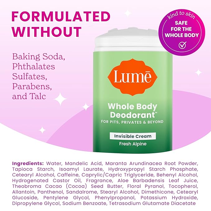 Lume Whole Body Deodorant - Invisible Cream Stick - 72 Hour Odor Control - Aluminum Free, Baking Soda Free, Skin Safe - 2.2 Ounce (Pack of 2) (Fresh Alpine)