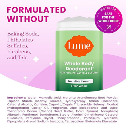 Lume Whole Body Deodorant - Invisible Cream Stick - 72 Hour Odor Control - Aluminum Free, Baking Soda Free, Skin Safe - 2.2 Ounce (Pack of 2) (Fresh Alpine)
