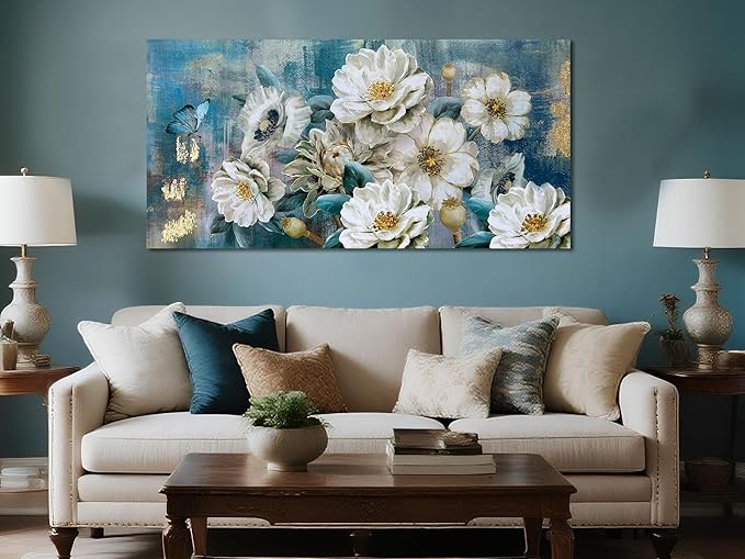 Arjun Flowers Canvas Wall Art for Bedroom White Elegant Teal Picture, Textured Floral Magnolia Painting Living Room Wall Decor Turquoise Large Artwork Bathroom Dining Room Home Office 40"x20"