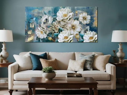 Arjun Flowers Canvas Wall Art for Bedroom White Elegant Teal Picture, Textured Floral Magnolia Painting Living Room Wall Decor Turquoise Large Artwork Bathroom Dining Room Home Office 40"x20"