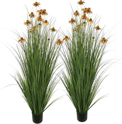 Artificial Grass Plant with Yellow Echinacea Flowers, 57 inches, Indoor/Outdoor Decor, Set of 2