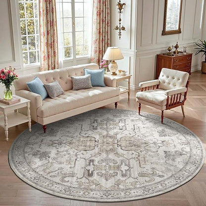 jinchan Round Rug 8ft Area Rug Vintage Floor Mat Kitchen Indoor Ultra-Thin Soft Floral Print Washable Circle 8' Accent for Farmhouse Non Slip Dining Room Living Room Bedroom Office Taupe