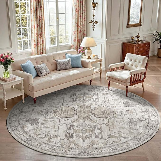 jinchan Round Rug 7ft Area Rug Vintage Floor Mat Kitchen Indoor Ultra-Thin Soft Floral Print Washable Circle 7' Accent for Farmhouse Non Slip Dining Room Living Room Bedroom Office Taupe