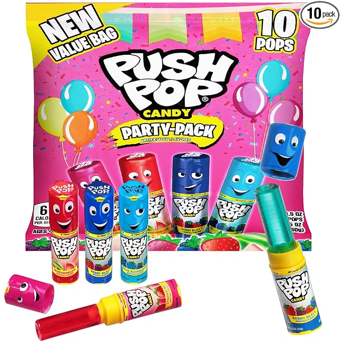 Push Pop Valentine's Candy Variety Pack, 10 Ct Lollipops Individually Wrapped in Fruity Flavors, Bulk Individually Wrapped Hard Candy, Birthday Party Favors, Valentine's Gifts, Goodie Bags for Kids