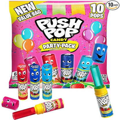 Push Pop Valentine's Candy Variety Pack, 10 Ct Lollipops Individually Wrapped in Fruity Flavors, Bulk Individually Wrapped Hard Candy, Birthday Party Favors, Valentine's Gifts, Goodie Bags for Kids