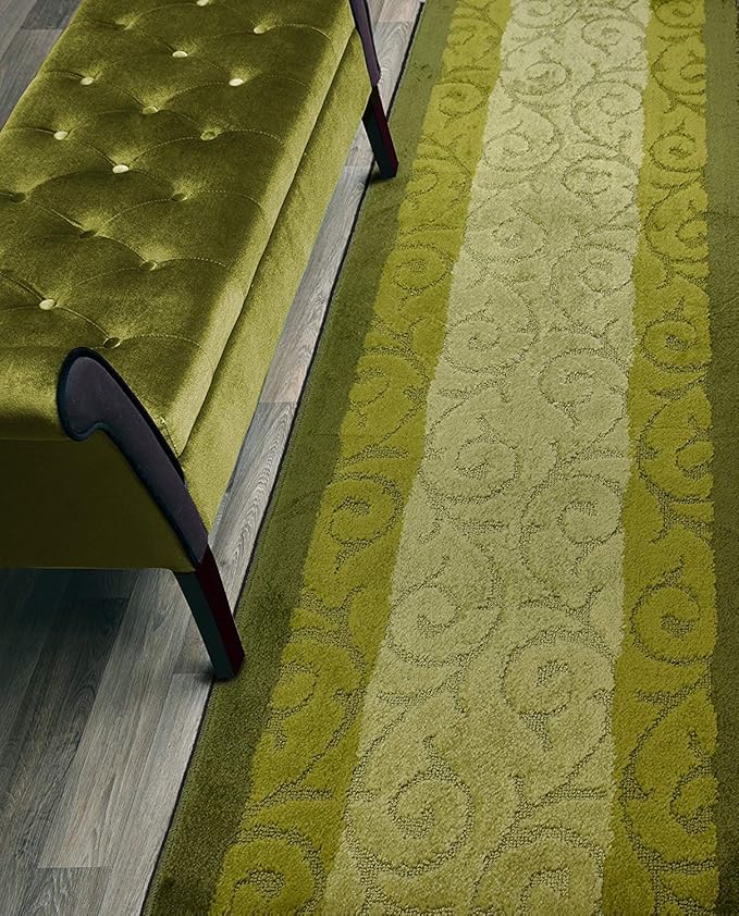 Custom Cut Hallway Runner Rug, Slip Resistant, 31 Inch Wide X Your Choice of Length, Scroll Green, 31 Inch X 30 feet