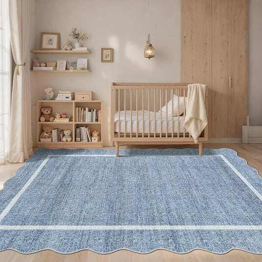 GarveeHome Scalloped Washable Rug 9x12 Area Rug for Bedroom Modern Living Room Rug Farmhouse Non Slip Large Area Rug Soft Throw Rugs Stain Resistant Carpet for Dining Room Nursery Blue 9 ft x12 ft