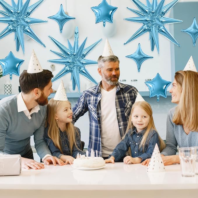Blue Star Balloon,16Pcs Light Blue Star Foil Balloons Set with 22Inch Explosion Spike Cone Balloons and 10Inch Quadrangle Helium Balloon for Birthday Wedding Baby Shower Party Decorations