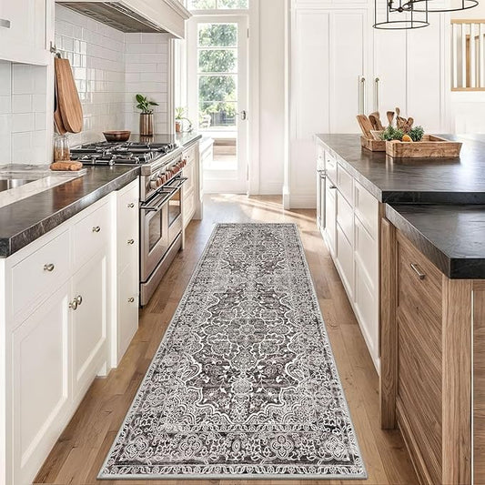 KUTA Vintage Washable Runner Rug, 2.6x8 Runners for Hallways Non-Slip Tan Grey Kitchen Rugs Ultra Soft Printed Tribal Floor Carpet for Bedroom Living Room Nursery Playroom
