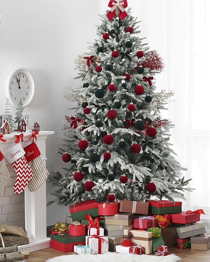 Velvet Christmas Ball Ornaments Set-46pcs Flocked Shatterproof Christmas Tree Decorations Plastic Xmas Decorative Hanging Ornaments for Xmas Holiday Home Decor,3 Sizes(Burgundy)