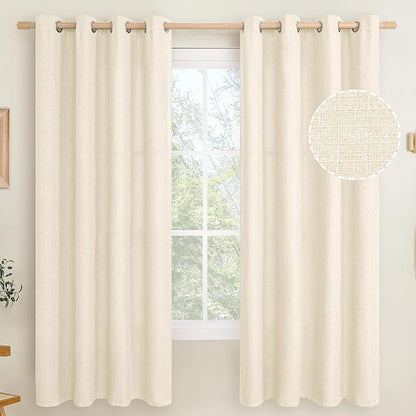 LAMIT Light Beige Linen Curtains 72 inch Long for Bedroom, Grommet Thick Light Reducing Thermal Light Filtering Curtains Window Panels for Living Room/Farmhouse, Set of 2 Panels, W52 x L72