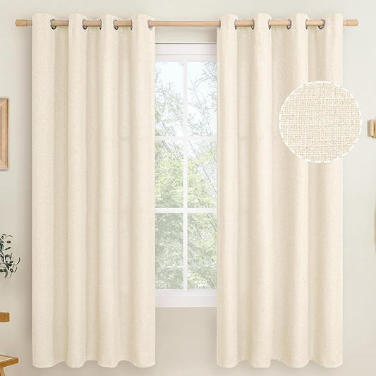 LAMIT Light Beige Linen Curtains 72 inch Long for Bedroom, Grommet Thick Light Reducing Thermal Light Filtering Curtains Window Panels for Living Room/Farmhouse, Set of 2 Panels, W52 x L72