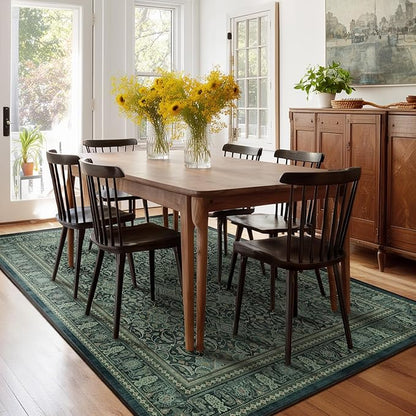 Washable Rugs 5x7, Dark Green Floral Moroccan Printed Area Rug for Living Room Bedroom, Low Pile Thin Carpet Rug with Rubber Backing Non Slip for Dining Room Kitchen Home Office Vintage Boho