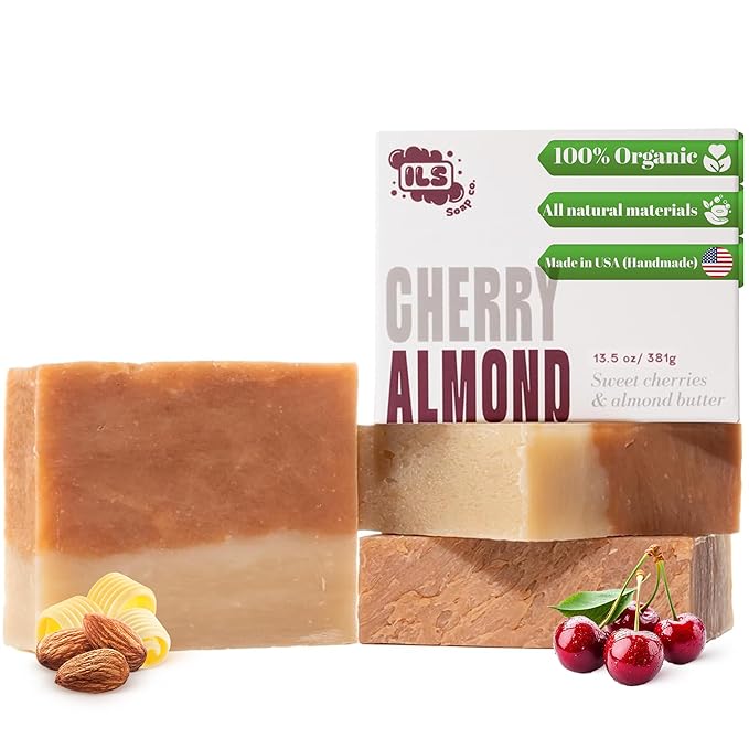 ILS Soap co. Cherry Almond - All Natural Bar Soap for men and women - Plant Based, Cold Process and Handmade in the USA for All Skin Types and conditions for face and body (3 Pack)