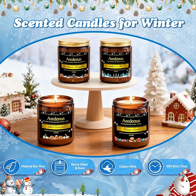 Winter Candles Set | 4 Pack Holiday Scented Candles - Cozy Winter Soy Candle Scents of Warm Cashmere/Firewood/Cedar & Fir/Salted Caramel - Christmas Candle Gifts for Women Men, Holiday Home Décor