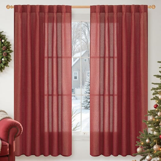 YoungsTex Burgundy Red Linen Curtains 63 Inch Length 2 Panels for Living Room - Semi Sheer Window Drapes with Back Tab Rod Pocket Light Filtering for Christmas Decor Bedroom, 52 X 63 Inch