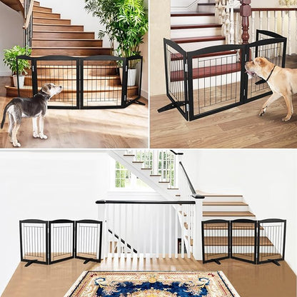 ZJSF Freestanding Dog Fence Indoor, Foldable Dog Gate for Doorways, Stairs or Hallways, Sturdy Wood Extra Wide Pet Gate with Support Feet for The House, Black, 24 "Height-3 Panels