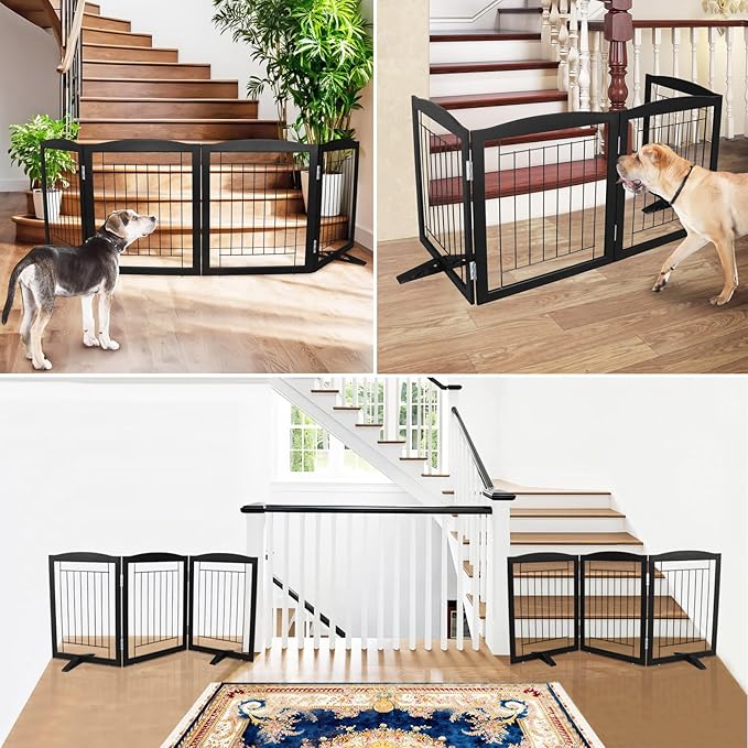 ZJSF Freestanding Dog Fence Indoor, Foldable Dog Gate for Doorways, Stairs or Hallways, Sturdy Wood Extra Wide Pet Gate with Support Feet for The House, Black, 24 "Height-4 Panels