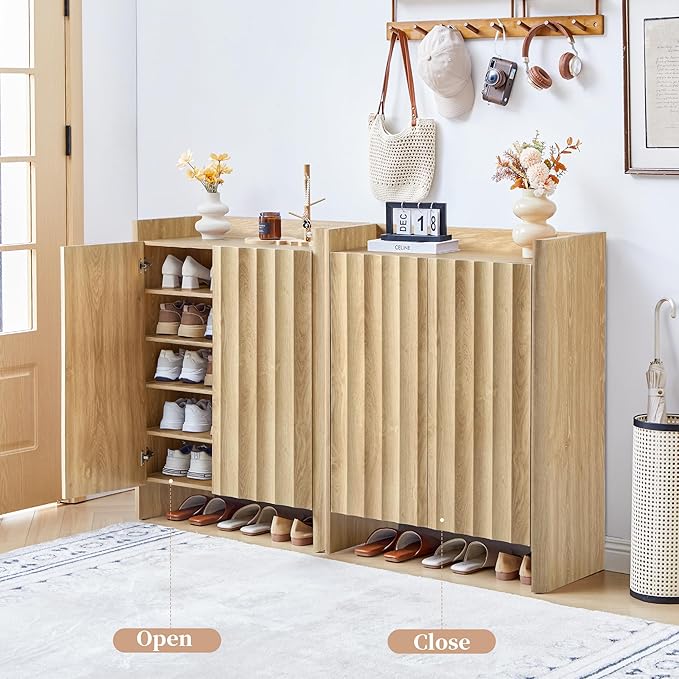 Fluted Shoe Cabinet, 5-Tier Shoe Storage Cabinet with Doors,Freestanding Hidden Shoe Cabinet Organizer, Narrow Shoes Storage Rack for Entryway (Natural)