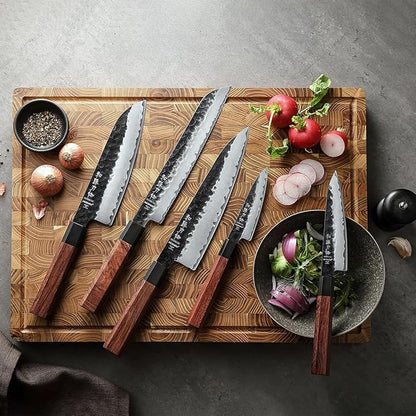 HEZHEN Chef's Knife Set 5PCS, 3 Layers High Carbon Clad,Razor Sharp 10Cr15CoMoV Steel Core, Ergonomic Redwood Octagonal Handle