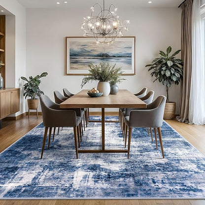 IOHOUZE Abstract Area Rugs 8x10 Ft Washable Large Rugs for Living Room, Non Slip Dining Room Rug, Printed Faux Wool Rugs for Bedroom, Floor Carpet for Office Nursery Playroom, Navy/Grey