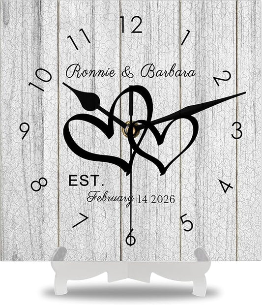 Personalized Couples Square Wall Clock with Name Date, Custom Farmhouse Wall Clock for Living Room Kitchen Bathroom, Home Decor Gifts for Christmas Birthday Valentine's Anniversary Wedding