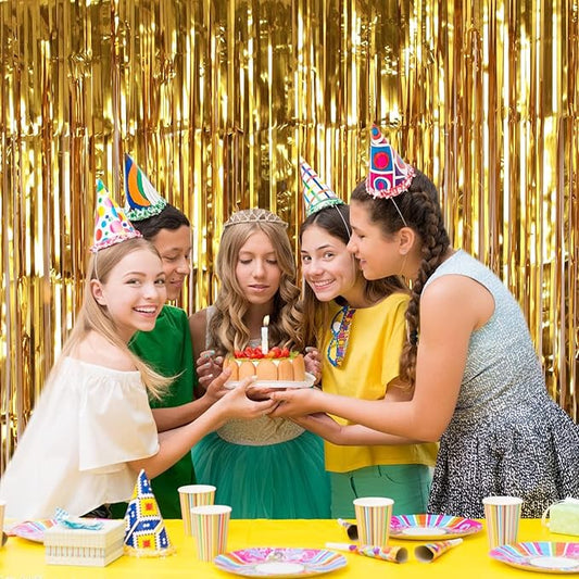 2 Pack Gold Fringe Curtain Backdrop, 3.2Ft x 8.2Ft Metallic Photo Booth Backdrop Tinsel Door Curtains for Birthday Baby Shower Anniversary Christmas New Year Eve Bachelorette Party Decorations