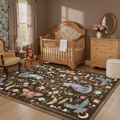 GarveeHome 5x7 Cat Area Rug Brown Washable Rugs for Living Room Bedroom, Soft Mushroom Floral Low Pile Non Slip Floor Mat Animal Print Throw Rug Indoor Carpet for Dorm Playroom Gothic Decor